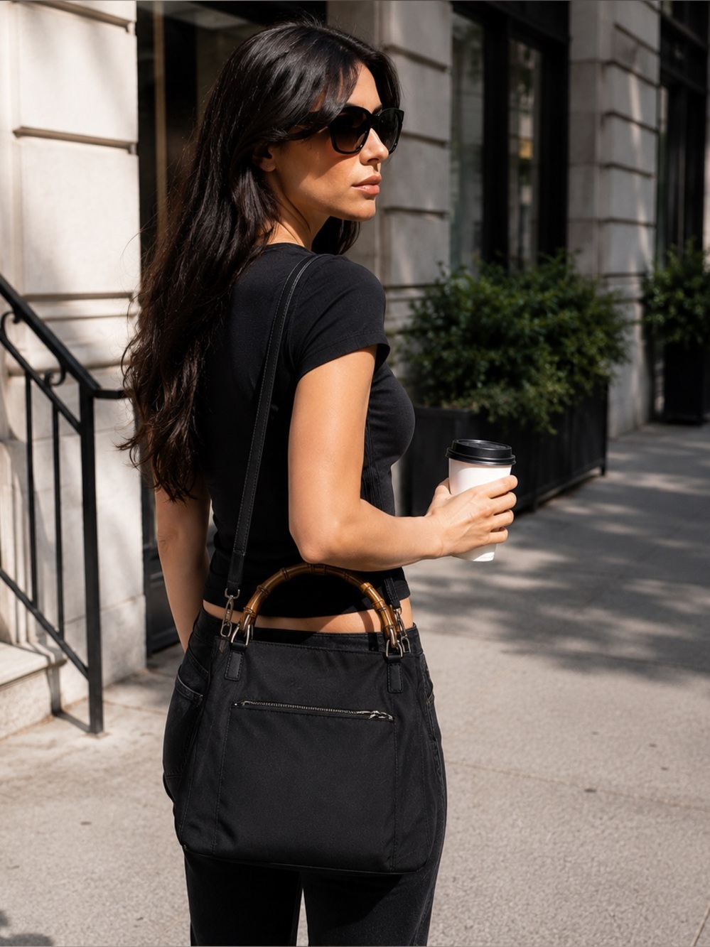Vintage Gucci Bamboo Nylon Shoulder Tote Bag Black Italy